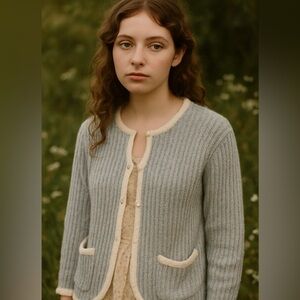 Cottagecore vintage Hand Stitched Oversized Sweater Medium Pale Blue pockets